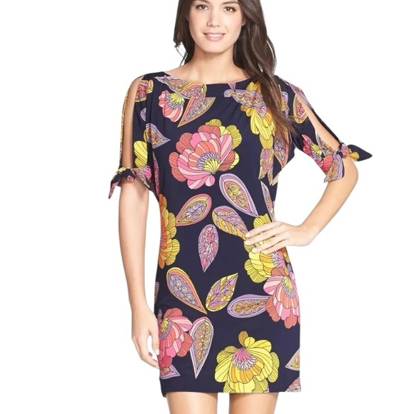 Trina Turk Vinet Escapade Navy Blue Floral Print Bow Tie Sleeve Mini Dress - 4 - Picture 1 of 14